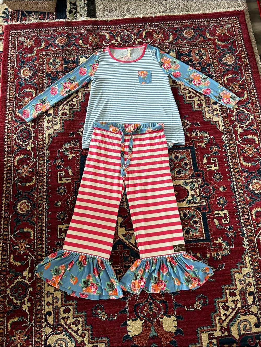 Matilda Jane Blue Floral Sleeve & Pink Stripe Pajama Set